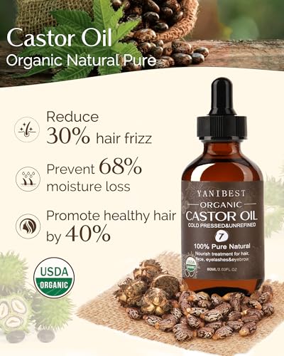 YANIBEST Organic Castor Oil, Cold Pressed Unrefined Glass Bottle, 100% Natural USDA Certified Castor Oil for Hair, Eyelashes, Face, Eyebrows, Scalp & Hair Strengthening Oil for All Hair Types