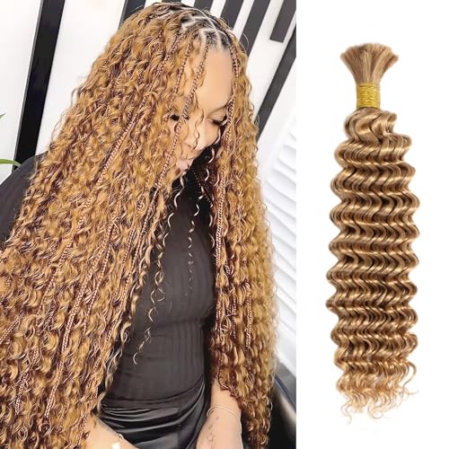 Blonde Human Braiding Hair - 1 Bundle 50g 22 Inch Deep Water Wave Bulk for Brazilian Virgin Curly Boho Braids Wet and Wavy Color 27 Honey Blonde
