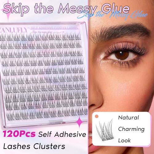 Self Adhesive Cluster Lashes Natural No Glue Individual Lashes Wispy Self Adhesive Eyelash Clusters with Clear Self Adhesive Strips DIY Eyelash Extensions(10-12MM)