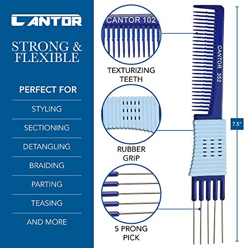 Lift Teasing Comb and Hair Pick – 5 Pack, Five Stainless Still Lifts - Chemical and Heat Resistant Detangler Gripper Comb – Anti Static Comb For All Hair Types – By Cantor