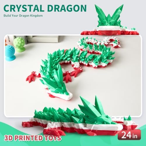 Large 3D Printed Dragon,24 Inch 3D Dragon Toys,Bigger Fidget Crystal Animals Toys, 3D Printed Articulated Animals for Home Office Car Desk Decor(Green White Red.24inch)