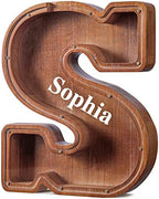 Summidate Customized Name Extra Large Wooden Piggy Bank for Kids Boys Girls Letter A-Z Coins Bills Money Change Bank Box Initial on Clear Cover (Laser Engraved) Educational Toys 12"- Letter S