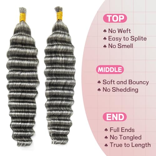 KRN Grey Braiding Hair Deep Wave Bulk Human Braiding Hair 2 Bundles/Pack 100g Curly Hair for Boho Braids 12A Salt And Pepper Braiding Human Hair No Weft Wet and Wavy Gray Braiding Hair 16Inch