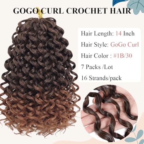 Curly Crochet Hair 14 Inch GoGo Curl Crochet Hair for Women Short Beach Curl Water Wave Crochet Braids for Women 7 Packs Curly Braiding Hair for Boho Braids (14 Inch, 1B/30)