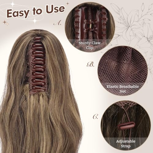 FESHFEN Ponytail Extensions, Long Claw Clip in Ponytail Hairpiece Synthetic Pony Tails Hair Piece Natural Wavy Hairpieces for Women, 20 inch Brown Mixed Honey Blonde