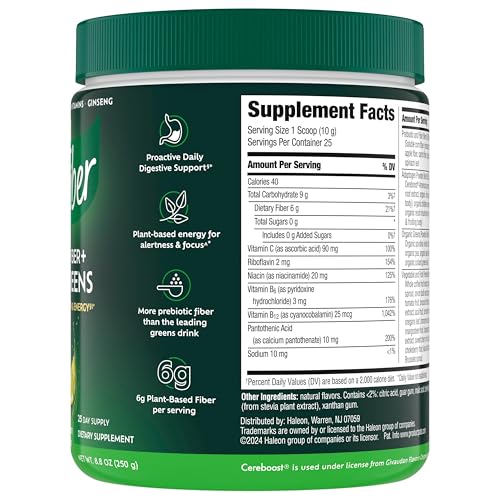 Benefiber Prebiotic Fiber + Supergreens Dietary Supplement Powder, Watermelon Lemonade Flavor, 8.8 oz (250g)