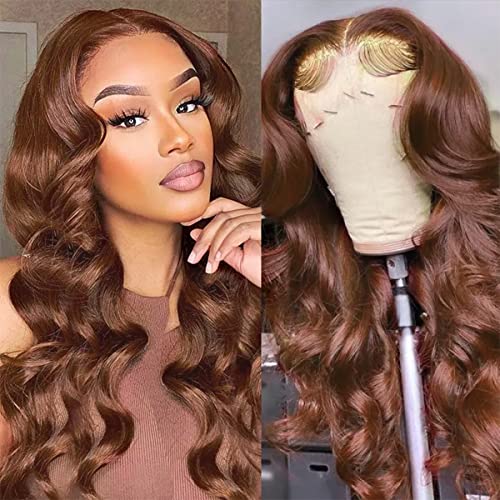 200% Density 13x4 Auburn Brown Body Wave Lace FrontWigs Chestnut Brown Colored Human HairWigs For WomenHD Transparent Lace FrontWig Human Hairwith Baby Hair(24 Inch,13x4 BrownLace Front Wig HumanHair)