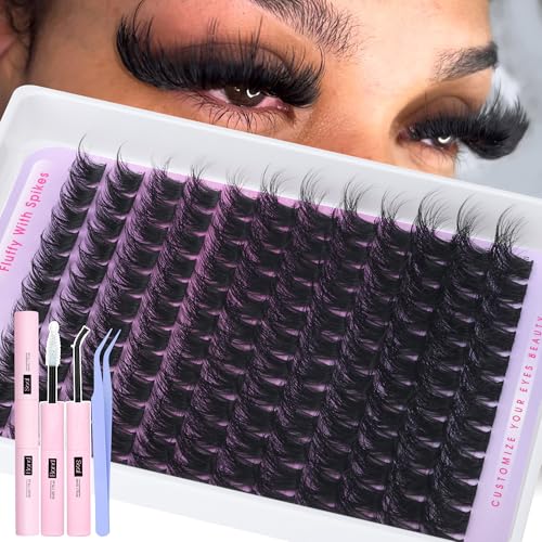 Fluffy Lash Clusters Kit 10-16mm Volume Eyelash Clusters with Fairy Spikes, Wispy Lash Extension Kit DIY Full Look Cluster Eyelash Extensions Thick Lashes kit Spiky with Lash Cluster Glue by CORUSCATE