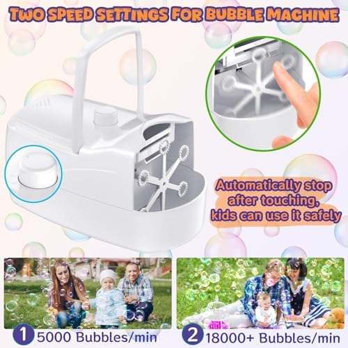 Bubble Machine, Automatic Bubble Blower for Kids, 18000+ Bubbles Per Minute with 2 Speed Settings, Battery/USB Powered Bubble Maker for Toddlers, Outdoor Birthday Parties, Weddings (White)