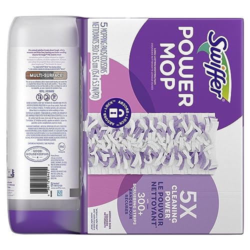 Swiffer Power Mop Refill, Floor Cleaner for Mopping Tile, Vinyl, Laminate, Wood in Home, Bathroom, Kitchen, All Purpose Multi-Surface Cleaning, 5 Pads + 1 Lavender Solution (Pack of 2)