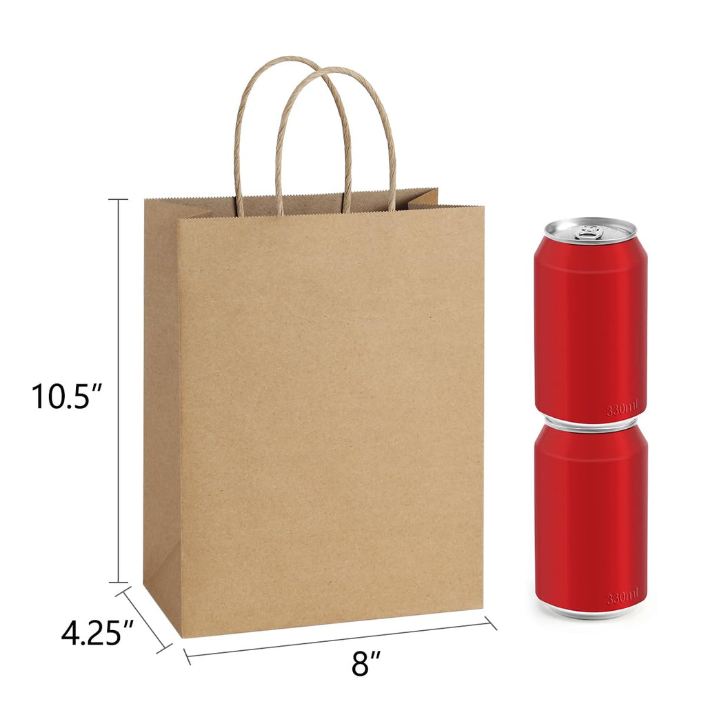 BagDream Gift Bags with Handles 8x4.25x10.5 Inch Brown 100 Pack Bulk