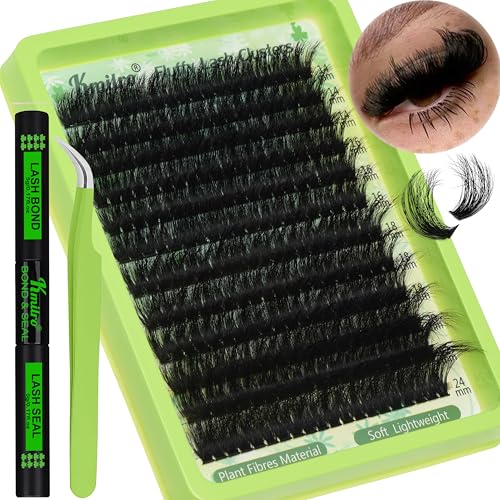 Fluffy Lash Clusters Kit 14-24mm Thick Long Cluster Eyelash Extensions Kit 180D D Curl Volume DIY Lash Extension 240pcs Soft Wispy Individual Lashes Kit with Bond and Seal Lash Tweezers, by Kmilro