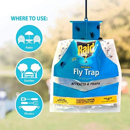 Raid Disposable Fly Trap 6-Pack, Hanging Fly Trap Outdoor Home, Bug Catcher and Flying Insect Trap with Premium Bait, Fly Traps for Backyard, Camping, & More