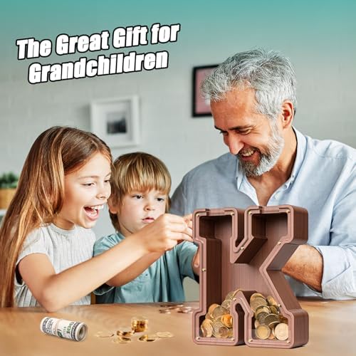 Summidate Wooden Letter Piggy Bank, Extra Thick Large Capacity Piggy Bank for Kids Boys Girls Toddler, Alphabet K Money Bank| Coin Box Birthday, Christmas, Festival