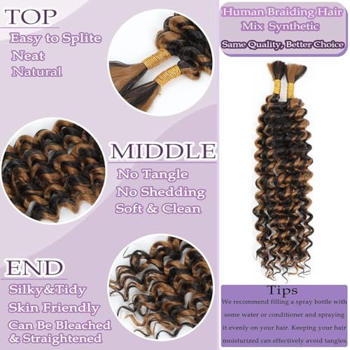 Human Braiding Hair 2 Bundles Total 100g 18 Inch Deep Wave P4/27 Brazilian Virgin Human Hair Weft for Boho Braids