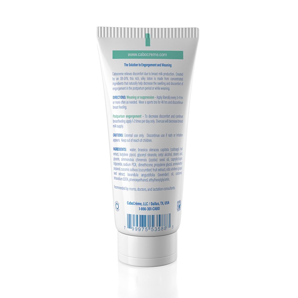 CaboCréme Extra Strength Cabbage Breast Cream - 2X Strength for Engorgement Relief and Breastfeeding Weaning Support - Dry Up Breast Milk - OB-GYN Created & Breastfeeding Mother-Approved - 2 oz