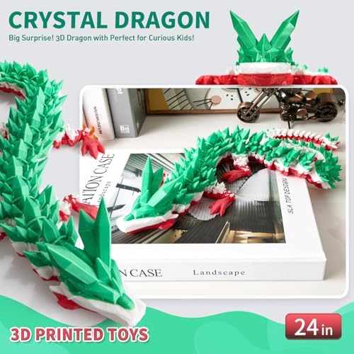 Large 3D Printed Dragon,24 Inch 3D Dragon Toys,Bigger Fidget Crystal Animals Toys, 3D Printed Articulated Animals for Home Office Car Desk Decor(Green White Red.24inch)
