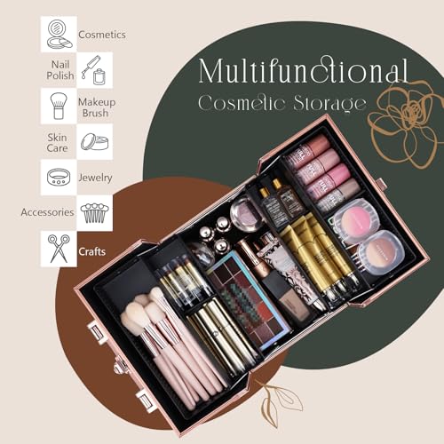 FRENESSA Makeup Train Case Cosmetic Box Portable Makeup Case Organizer 4 Trays Travel Case Storage with Dividers Lockable for Makeup Artist, Crafter, Makeup Tools Rose Gold Floral