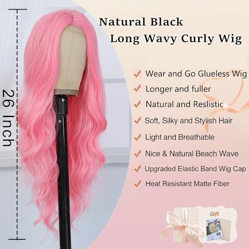 Long Wavy Pink Wig for Women 26 Inch Middle Part Pink Curly Wavy Wig Natural Looking Synthetic Heat Resistant Fiber Wig for Daily Halloween Cosplay Party Use (26 Inch, Pink)