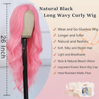 Long Wavy Pink Wig for Women 26 Inch Middle Part Pink Curly Wavy Wig Natural Looking Synthetic Heat Resistant Fiber Wig for Daily Halloween Cosplay Party Use (26 Inch, Pink)