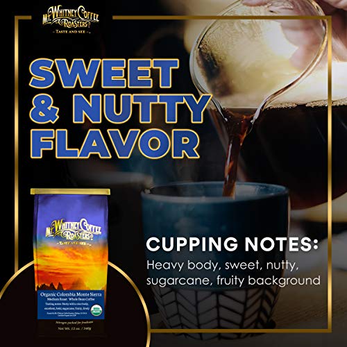 Mt. Whitney Colombia Monte Sierra Organic, Single Origin, Medium Dark Roast, Smooth Full Flavored, Low Acid Coffee (Whole Bean, 12 Oz)