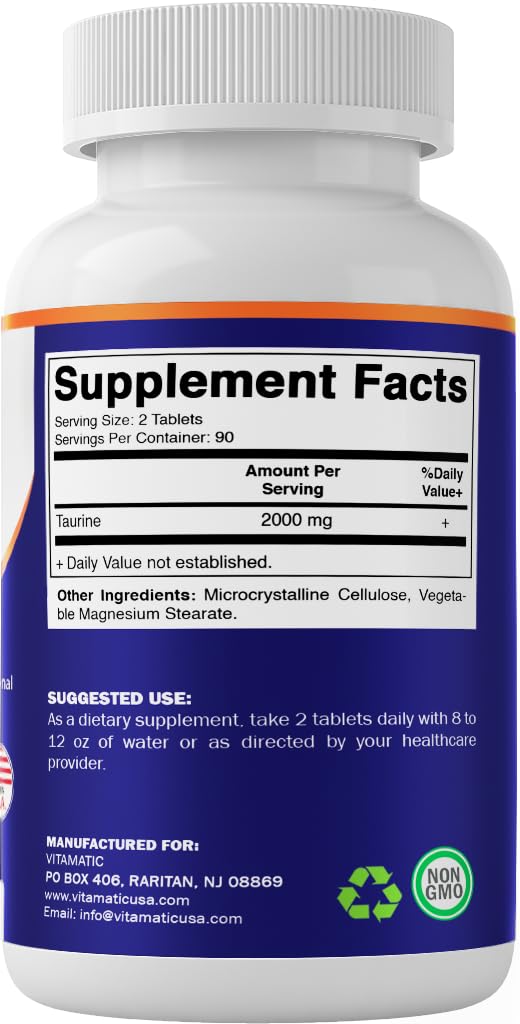 Vitamatic Taurine 2000mg Vegetarian Tablets, 180 Count, Non-GMO, Gluten Free - 2 Pack