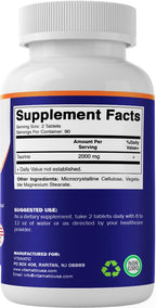 Vitamatic Taurine 2000mg Vegetarian Tablets, 180 Count, Non-GMO, Gluten Free - 2 Pack