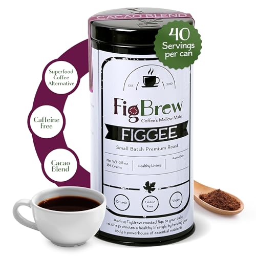 FigBrew Organic Roasted Cacao and Fig Coffee Alternative - Low Acid, Caffeine-Free, Gluten-Free, Vegan, Keto-Friendly Pure Blend - Natural Daily Energy Boost, 40 Cup Tin