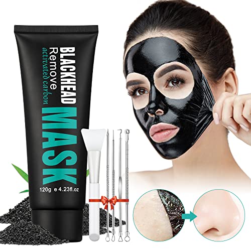 Peel Off Face Mask Blackhead Whiteheads Remover Masks Activated Charcoal Black Mask Purifying Peeling Facial Mask for Nose Pores Removal Reducing Cleansing Acne with Brush and Pimple Extractor Tools