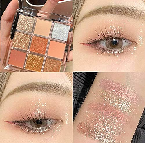 Kayswang 9 colors glitter eyeshadow palette makeup palette matte high pigment color cream texture natural eye shadow powder eye shadow palette in autumn and winter long lasting and waterproof (pink+orange)