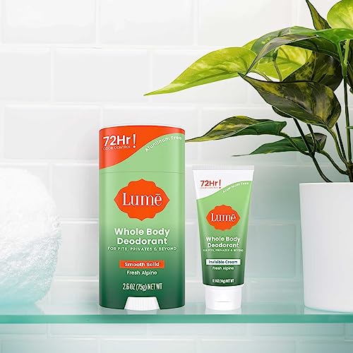 Lume Whole Body Deodorant - Invisible Cream Tube Mini and Solid Stick - 72 Hour Odor Control - Aluminum Free, Baking Soda Free, Skin Safe - 0.5 Oz Mini Tube + 2.6 Oz Solid Stick (Fresh Alpine)