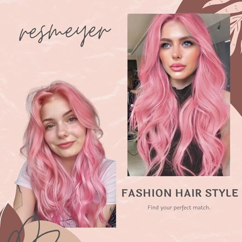 Long Pink Wig for Women 26 Inch Middle Part Wavy Women Charming Hair Realistic Natural Looking Synthetic Heat Resistant Fiber Wig for Daily Party Use