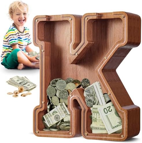 Summidate Large Wooden Piggy Bank for Kids Adults, Alphabets Letter A-Z Piggy Bank for Boys Girls, Coins Bills Change Bank Box Personalized Initial Name Kids Money Bank for Birthday Present and Decor