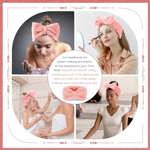 Yunlly 20 Pcs Spa Headband for Women 4 Inches Width Facial Makeup Hair Band Bulk Skincare Headbands for Washing Face Bowtie Slumber Party Supplies Fluffy Head Wraps(Pink)
