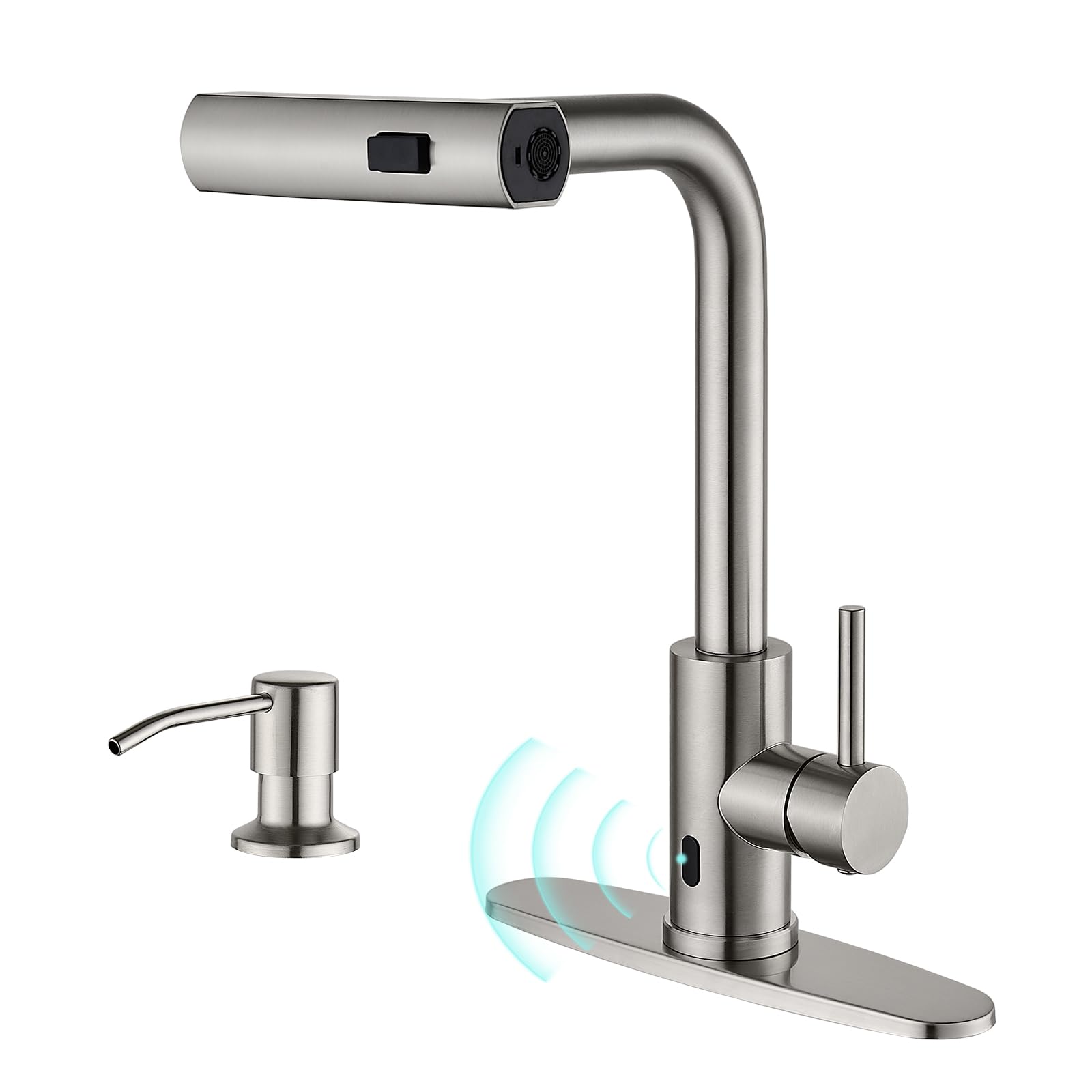 AVSIILE Brushed Nickel Touchless Kitchen Faucets with Pull Down Sprayer & Soap Dispenser, Single Hole & Handle, Pull Out Tap, Waterfall Stainless Steel Sink Faucet for Farmhouse Camper Laundry Rv Bar