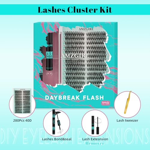 Lash Clusters Kit 280pcs DIY Lashes Extension Kit 40D D Curl Individual Natural Eyelash Cluster with Lash Bond and Seal,Lash Glue Remover and Lash Tweezers for Eyelash Extensions Kit(9-18mm,D-MIX)
