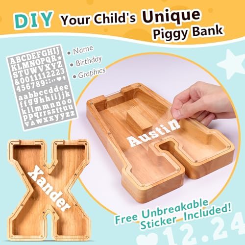 SummiDate Wooden Letter Piggy Bank| Piggy Bank for Boys Girls Toddler| Alphabet X Money Bank| Coin Bank Birthday Gift for Kids|Birthday Gift for Kids (X)