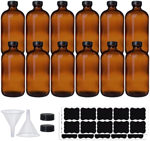 12 Pack 16 oz Amber Boston Round Glass Bottles with Black Caps for Secondary Kombucha Fermentation and Lab Chemicals (2 Funnels and 20 Pieces Black Chalkboard Labels Included)