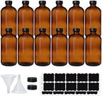 12 Pack 16 oz Amber Boston Round Glass Bottles with Black Caps for Secondary Kombucha Fermentation and Lab Chemicals (2 Funnels and 20 Pieces Black Chalkboard Labels Included)