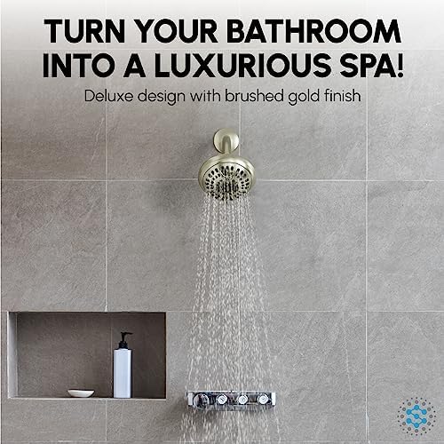 Luxury Spa Series Shower Head, 6 Spray Setting, 4.5 Inch Adjustable High Pressure Shower Head Fixture for Hard Water, 360-Degree Tilt Massage Shower System - Brushed Gold Shower Head