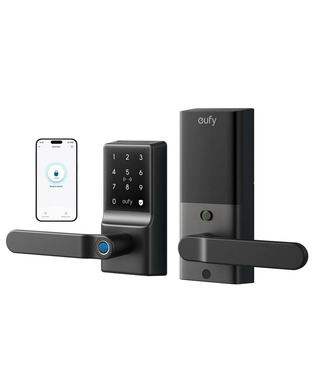eufy Security Smart Lock C33, Keypad Door Lock with Handle, Fingerprint Door Knob, Keyless Entry Door Lock for Front Door and Bedrooms, Electronic Deadbolt, Wi-Fi, App Control, IP53 Waterproof, Black