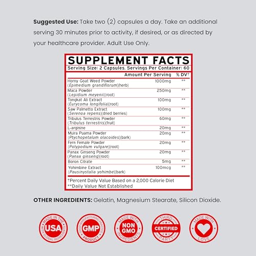 Horny Goat Weed For Men and Women - [Maximum Strength 1590mg] Maca, Ginseng, L-Arginine, Tribulus - Premium Hornygoatweed - Icariin Epimedium For Men - 3rd Party Tested - USA Made - 120 Count