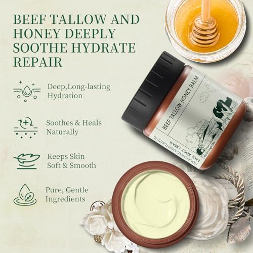 Beef Tallow for Skin, Beef Tallow and Honey Balm for Face and Body, Unscented Face Moisturizer, Deep Hydration & Sensitive Skin Care, 4.23oz