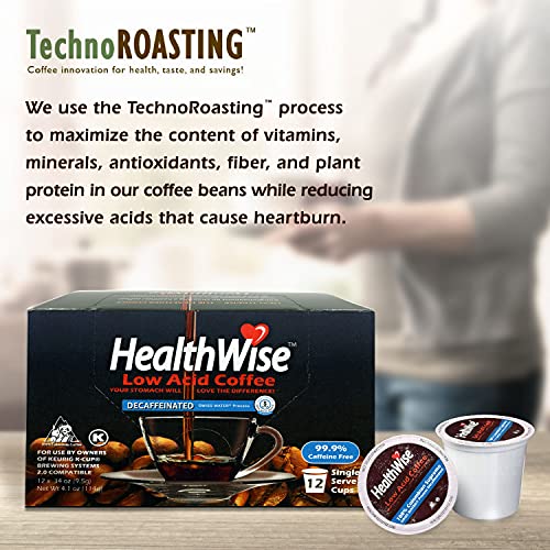 Healthwise Low Acid Unflavored Decaf, Chemical-Free Swiss Water Process, 99.9% Caffeine Free, 100% Colombian Coffee K-Cups – Medium Roast, Healthier Coffee for Sensitive Stomachs - 72 Count (Pack of 6)