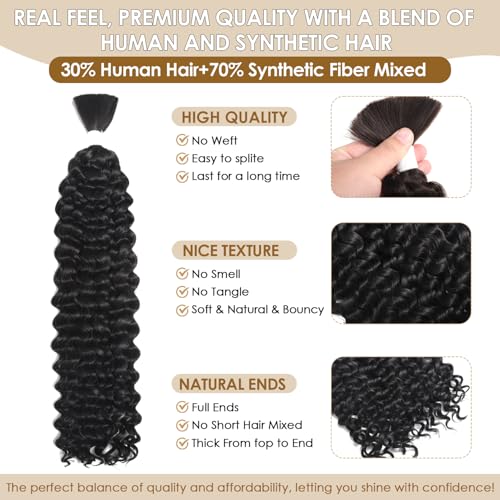 Human Braiding Hair Mixed Synthetic Braiding Hair for Boho Braids 2Bundles 130g Water Wave Bulk Human Hair for Braiding No Weft Hair Extensions Wet and Wavy Braiding Hair 18inch(1B)
