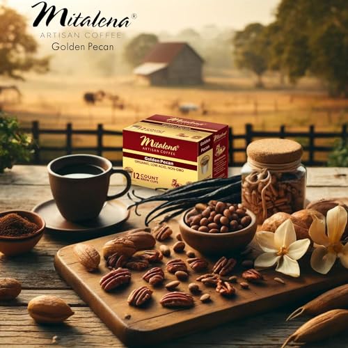 Mitalena Artisan Coffee: Golden Pecan Low Acid Coffee Pods - Medium Roast, Organic, Vanilla Pecan Flavored - 72 Brew Cups