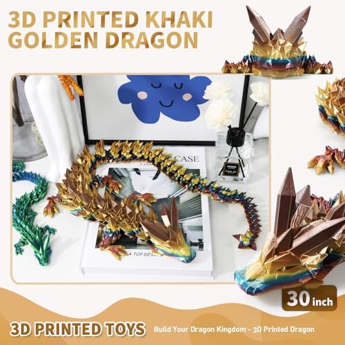Large 3D Printed Dragon,30 Inch 3D Dragon Toys,Bigger Fidget Crystal Animals Toys, 3D Printed Articulated Animals for Home Office Car Desk Decor(Khaki Gold, 30 inch)