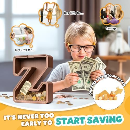 Summidate Wooden Letter Piggy Bank, Extra Thick Large Capacity Piggy Bank for Kids Boys Girls Toddler, Alphabet Z Money Bank| Coin Box Birthday, Christmas, Festival
