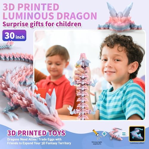 Large 3D Printed Dragon,30 Inch 3D Dragon Toys,Bigger Fidget Crystal Animals Toys, 3D Printed Articulated Animals for Home Office Car Desk Decor (Colorful Luminous, 30 inch)
