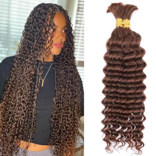 Human Braiding Hair Deep Wave Bulk Human Hair for Braiding 100g Bundle No Weft Curly Braiding Hair Extensions Brown Color for Boho Braids Water Curly Human Hair Braiding Hair (4#, 16 Inch-100G)